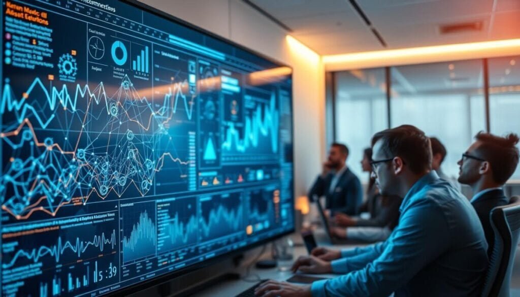 A meticulously arranged data visualization dashboard, showcasing a complex network of interconnected AI-powered link recommendations. The foreground features intricate graphs, charts, and interactive visualizations, illuminating the real-time performance and optimization of the AI system. The middle ground depicts a team of data analysts and engineers, closely monitoring the dashboard, their faces reflected in the shimmering displays. The background subtly blends the serene blues and grays of a modern office environment, enhanced by warm, directional lighting that casts a soft glow over the scene. The overall atmosphere conveys a sense of precision, diligence, and a relentless pursuit of improving the AI link recommendation system.