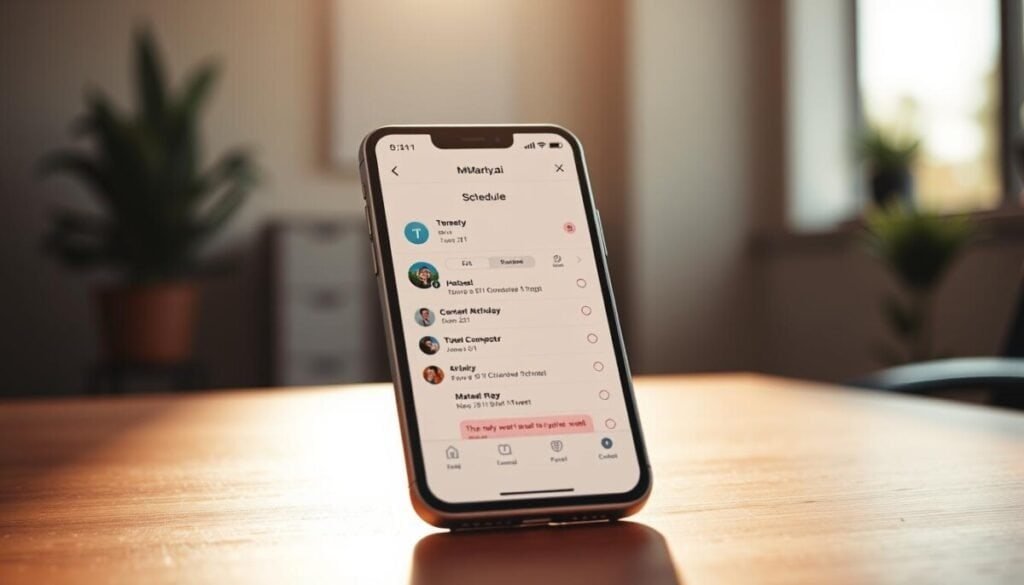 A meticulously crafted, hyper-realistic scene of a mobile device screen displaying the intuitive interface of MyMarky.ai's tweet scheduling tool. The foreground features a sleek, modern smartphone with a crisp, high-resolution display showcasing the app's clean, user-friendly design. The middle ground captures the effortless process of scheduling tweets, with a calendar, clock, and tweet composer prominently positioned. The background subtly suggests a contemporary, minimalist office environment, providing a professional, productive atmosphere. Warm, natural lighting casts a soft glow, enhancing the image's clarity and attention to detail. The overall composition conveys the simplicity and efficiency of scheduling tweets on the go, aligning perfectly with the article's subject and section title. A meticulously crafted, hyper-realistic scene of a mobile device screen displaying the intuitive interface of MyMarky.ai's tweet scheduling tool. The foreground features a sleek, modern smartphone with a crisp, high-resolution display showcasing the app's clean, user-friendly design. The middle ground captures the effortless process of scheduling tweets, with a calendar, clock, and tweet composer prominently positioned. The background subtly suggests a contemporary, minimalist office environment, providing a professional, productive atmosphere. Warm, natural lighting casts a soft glow, enhancing the image's clarity and attention to detail. The overall composition conveys the simplicity and efficiency of scheduling tweets on the go, aligning perfectly with the article's subject and section title.