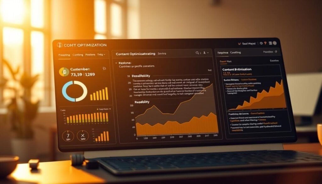 A meticulously crafted scene of a content optimization dashboard, bathed in warm golden light and framed by a sleek and modern UI. In the foreground, a series of intuitive controls and metrics display the key performance indicators for a content piece, while the middle ground showcases an interactive visualization of content structure and readability. The background gently fades into a blurred, minimalist office setting, suggesting a focused and productive work environment. The overall mood is one of precision, efficiency, and the intersection of human creativity and AI-powered optimization.