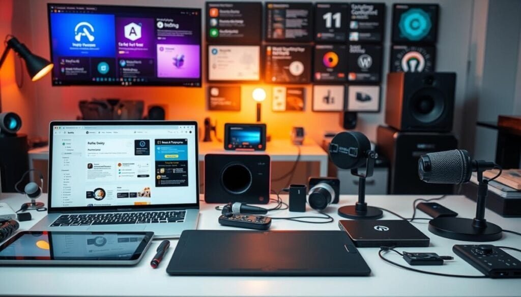 A meticulously crafted workspace showcasing an array of cutting-edge AI tools for WordPress. In the foreground, a sleek laptop displays a WordPress dashboard, surrounded by an assortment of high-tech peripherals, including a smart tablet, a high-resolution graphics tablet, and a state-of-the-art microphone. The middle ground features an organized desk with a clutter-free layout, complemented by a minimalist desk lamp casting a warm, focused glow. In the background, a large monitor displays various AI-powered plugins and applications, hinting at the boundless possibilities for enhancing the WordPress experience. The overall scene conveys a sense of efficiency, innovation, and a deep understanding of the synergy between AI and WordPress. A meticulously crafted workspace showcasing an array of cutting-edge AI tools for WordPress. In the foreground, a sleek laptop displays a WordPress dashboard, surrounded by an assortment of high-tech peripherals, including a smart tablet, a high-resolution graphics tablet, and a state-of-the-art microphone. The middle ground features an organized desk with a clutter-free layout, complemented by a minimalist desk lamp casting a warm, focused glow. In the background, a large monitor displays various AI-powered plugins and applications, hinting at the boundless possibilities for enhancing the WordPress experience. The overall scene conveys a sense of efficiency, innovation, and a deep understanding of the synergy between AI and WordPress.