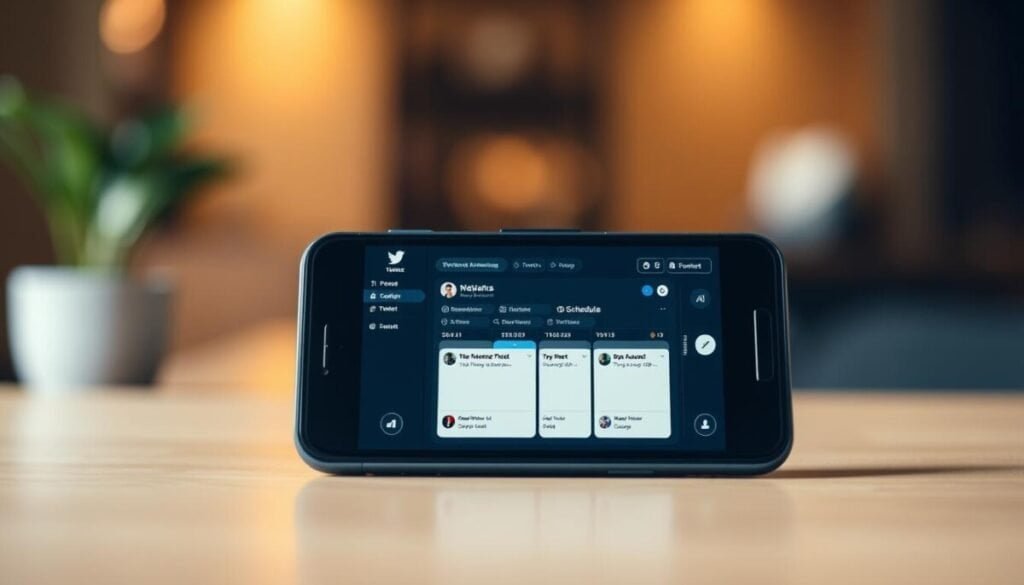 A meticulously designed dashboard showcasing the intuitive interface of MyMarky.ai, a robust Twitter scheduling tool. In the foreground, a smartphone screen displays a sleek, minimalist UI with a crisp, clean layout. Meticulously crafted icons and buttons guide the user through effortless tweet scheduling, set against a soft, muted background palette. The middle ground features a neatly organized timeline of scheduled tweets, each with a distinct card-like design. In the background, a subtle blur effect creates a sense of depth, allowing the central elements to take center stage. Warm, balanced lighting casts a natural glow, enhancing the overall professional and polished aesthetic. The entire scene is captured through a high-resolution lens, resulting in a hyper-realistic, visually stunning representation of the powerful Twitter scheduling capabilities of MyMarky.ai. A meticulously designed dashboard showcasing the intuitive interface of MyMarky.ai, a robust Twitter scheduling tool. In the foreground, a smartphone screen displays a sleek, minimalist UI with a crisp, clean layout. Meticulously crafted icons and buttons guide the user through effortless tweet scheduling, set against a soft, muted background palette. The middle ground features a neatly organized timeline of scheduled tweets, each with a distinct card-like design. In the background, a subtle blur effect creates a sense of depth, allowing the central elements to take center stage. Warm, balanced lighting casts a natural glow, enhancing the overall professional and polished aesthetic. The entire scene is captured through a high-resolution lens, resulting in a hyper-realistic, visually stunning representation of the powerful Twitter scheduling capabilities of MyMarky.ai.