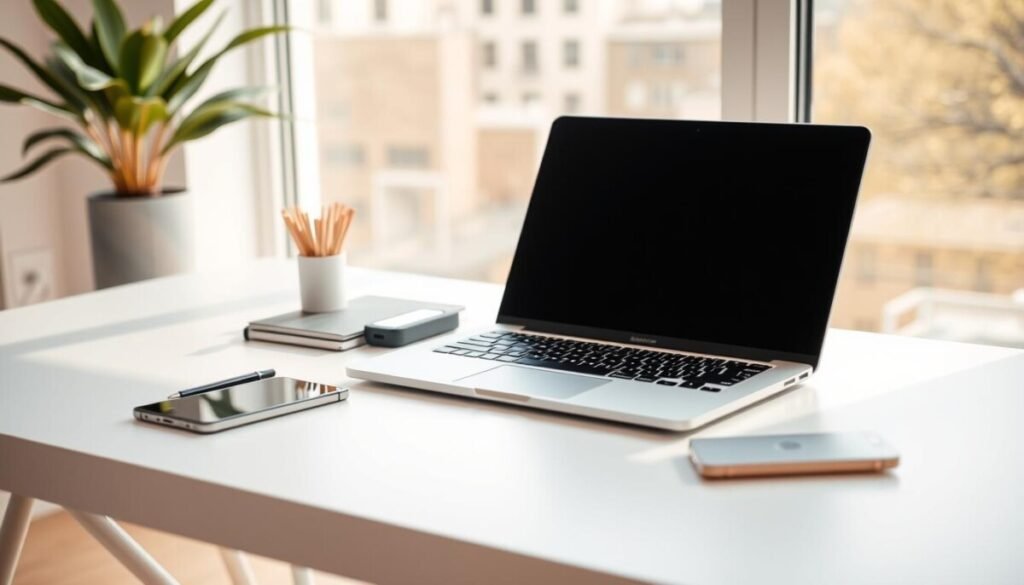 A modern and professional business profile setup depicting a laptop, smartphone, and office accessories arranged neatly on a minimalist white desk. The scene is bathed in warm, natural lighting from a large window, casting soft shadows and highlighting the textures of the various items. The layout is balanced and visually appealing, conveying a sense of organization and productivity. The overall mood is calm, focused, and conducive to efficient work. The camera angle is slightly elevated, providing a clear view of the setup elements while maintaining a sense of depth and perspective. A modern and professional business profile setup depicting a laptop, smartphone, and office accessories arranged neatly on a minimalist white desk. The scene is bathed in warm, natural lighting from a large window, casting soft shadows and highlighting the textures of the various items. The layout is balanced and visually appealing, conveying a sense of organization and productivity. The overall mood is calm, focused, and conducive to efficient work. The camera angle is slightly elevated, providing a clear view of the setup elements while maintaining a sense of depth and perspective.