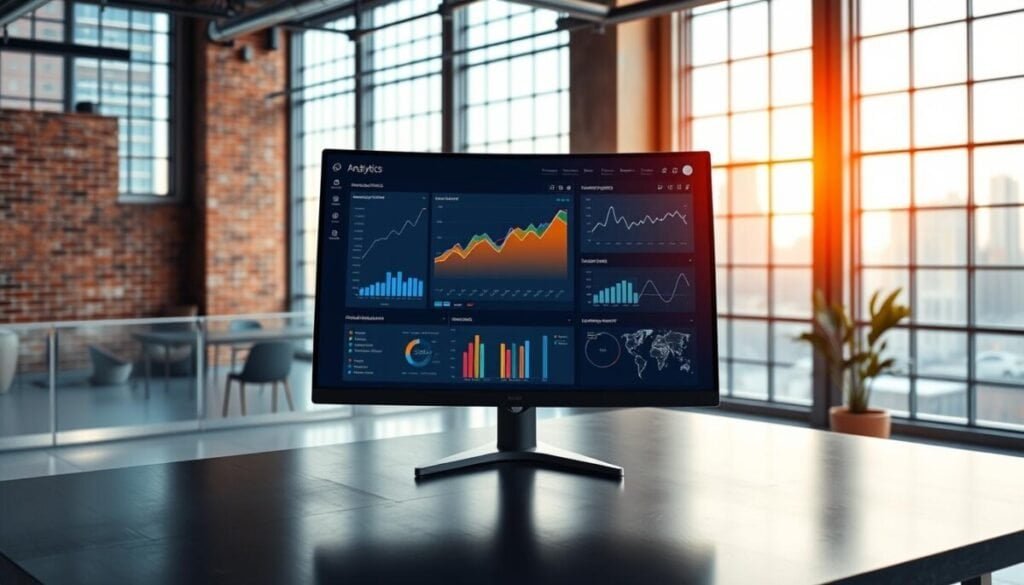 A modern, high-tech analytics dashboard displayed on a sleek, curved computer monitor. The interface showcases a variety of data visualization features - line graphs, bar charts, scatter plots, and detailed reports. Bright, bold colors accent the clean, minimalist design. Subtle lighting casts a warm glow across the screen, creating depth and dimension. The monitor is situated on a minimal, steel desk against a backdrop of a futuristic, industrial office space with exposed brick walls and large windows overlooking a vibrant cityscape. An atmosphere of productivity, innovation, and data-driven insights pervades the scene. A modern, high-tech analytics dashboard displayed on a sleek, curved computer monitor. The interface showcases a variety of data visualization features - line graphs, bar charts, scatter plots, and detailed reports. Bright, bold colors accent the clean, minimalist design. Subtle lighting casts a warm glow across the screen, creating depth and dimension. The monitor is situated on a minimal, steel desk against a backdrop of a futuristic, industrial office space with exposed brick walls and large windows overlooking a vibrant cityscape. An atmosphere of productivity, innovation, and data-driven insights pervades the scene.