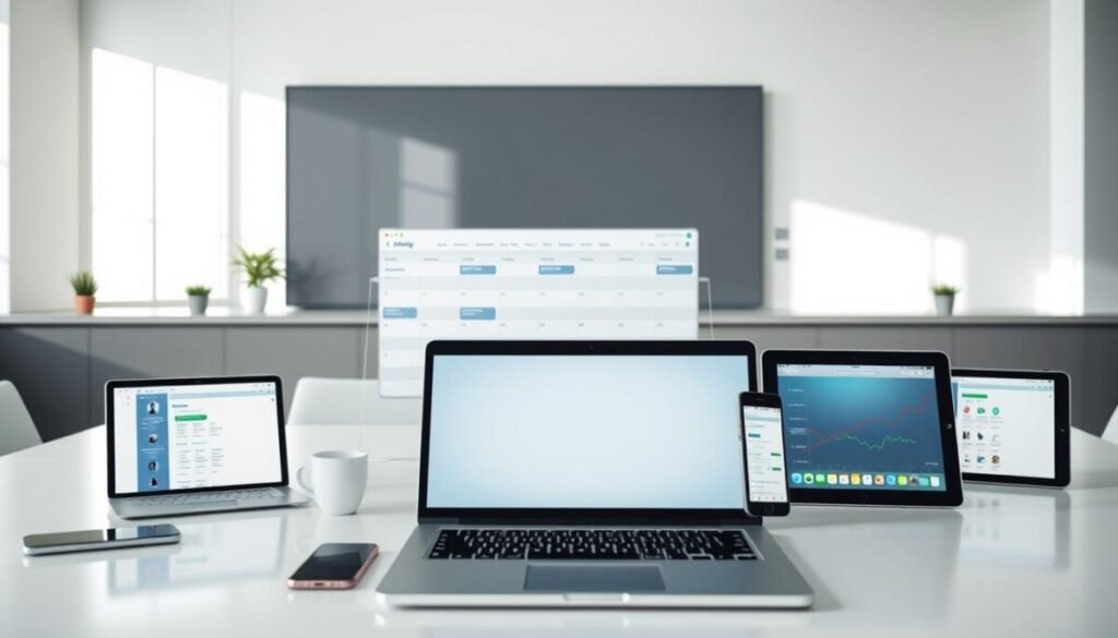 A modern, minimalist workspace with an array of third-party scheduling tools prominently displayed on sleek, white desktops. In the foreground, a laptop screen showcases a scheduling interface, its clean design illuminated by soft, natural lighting streaming through large windows. In the middle ground, various mobile devices and tablets offer alternative scheduling options, their intuitive interfaces hinting at the versatility of these third-party solutions. The background features a minimalist, monochromatic wall, creating a sense of focus and professionalism, ideal for showcasing the powerful capabilities of these scheduling tools. A modern, minimalist workspace with an array of third-party scheduling tools prominently displayed on sleek, white desktops. In the foreground, a laptop screen showcases a scheduling interface, its clean design illuminated by soft, natural lighting streaming through large windows. In the middle ground, various mobile devices and tablets offer alternative scheduling options, their intuitive interfaces hinting at the versatility of these third-party solutions. The background features a minimalist, monochromatic wall, creating a sense of focus and professionalism, ideal for showcasing the powerful capabilities of these scheduling tools.