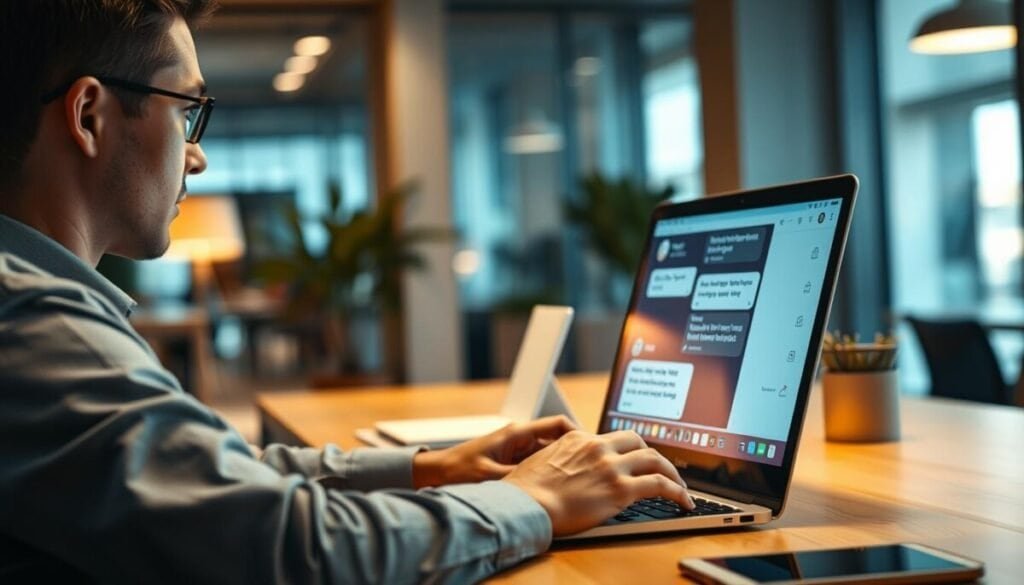 A modern office setting, with a person sitting at a desk, intently engaged with a chatbot interface on their laptop screen. The user's face is focused, their hands moving across the keyboard, as they interact with the AI assistant. The scene is bathed in warm, ambient lighting, casting a soft glow across the desk and surroundings. The background is slightly blurred, drawing the viewer's attention to the user's direct engagement with the chatbot. Hyper realistic photographic quality, with attention to detail in the textures, shadows, and reflections. A modern office setting, with a person sitting at a desk, intently engaged with a chatbot interface on their laptop screen. The user's face is focused, their hands moving across the keyboard, as they interact with the AI assistant. The scene is bathed in warm, ambient lighting, casting a soft glow across the desk and surroundings. The background is slightly blurred, drawing the viewer's attention to the user's direct engagement with the chatbot. Hyper realistic photographic quality, with attention to detail in the textures, shadows, and reflections.