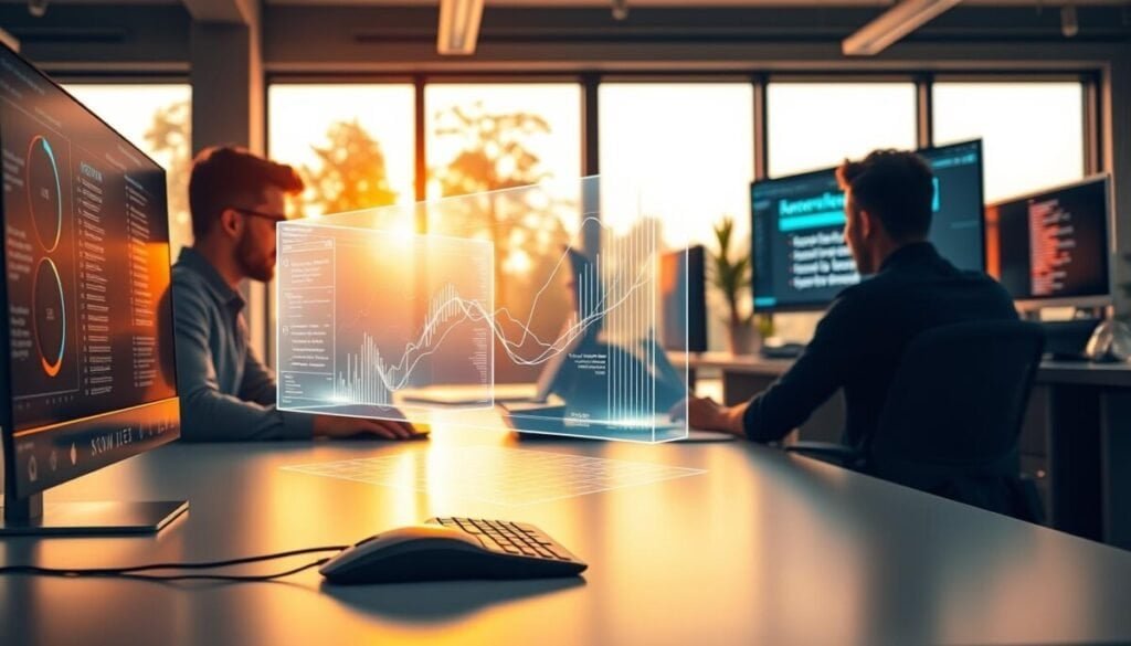 A modern office workspace, bathed in warm, natural lighting from large windows. Employees intently focused on their computer screens, their faces illuminated by the glow of AI-powered analytics dashboards and productivity tools. In the foreground, a sleek, minimalist desk with a high-end mouse, keyboard, and tablet stylus - the tools of the trade for AI-driven content creation. The middle ground showcases a 3D holographic display, projecting a complex data visualization that the team is collaborating on. Further back, a wall-mounted monitor showcases the latest AI-generated anchor text being tested and optimized for a company website. The overall atmosphere is one of focused innovation and technological advancement.