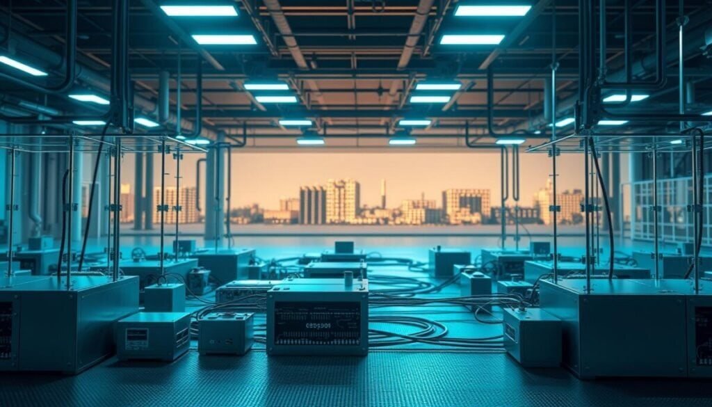A modern, sleek rule-based system composed of interconnected modules and components. The foreground features clean, geometric shapes in metallic and glass materials, arranged in a modular, grid-like structure. The middle ground showcases intricate circuitry and data flows between the modules, illuminated by a warm, technical glow. The background depicts a minimalist, industrial landscape with a high-tech, futuristic ambiance, hinting at the scalability and adaptability of the rule-based system. Dramatic lighting from multiple angles creates depth and emphasizes the system's complex, yet elegant design. Hyper-realistic photographic quality captures every detail, from the precise engineering to the subtle textures and reflections.