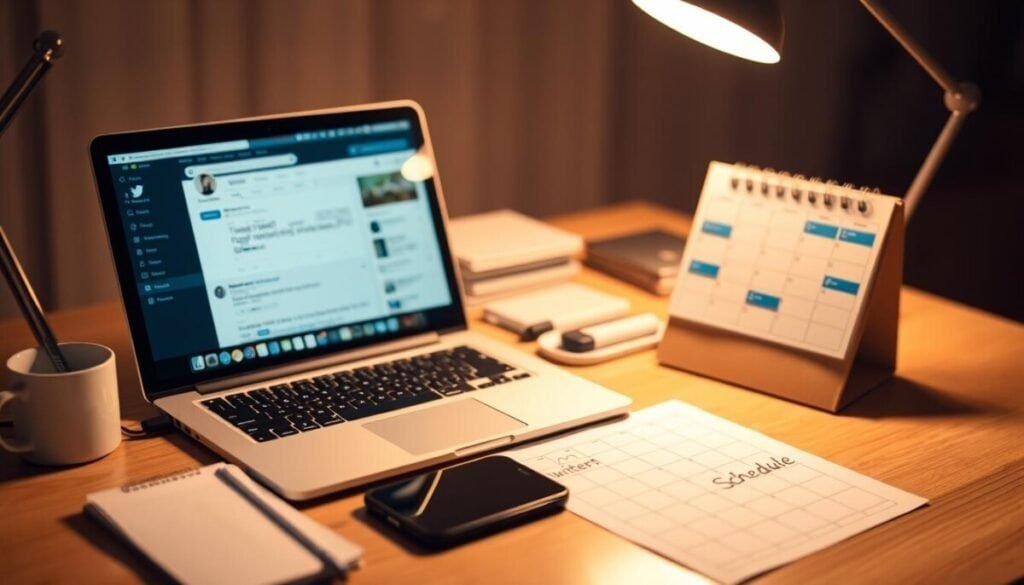 A neatly arranged workspace with a laptop, smartphone, and a paper calendar, all meticulously organized. The laptop screen displays a Twitter timeline, with icons and interface elements denoting the ability to schedule tweets. Warm, soft lighting emanates from a nearby desk lamp, casting a cozy glow over the scene. The background is blurred, emphasizing the importance of the main elements. The overall atmosphere conveys a sense of productivity, planning, and the significance of scheduling Twitter content to maximize engagement and reach. A neatly arranged workspace with a laptop, smartphone, and a paper calendar, all meticulously organized. The laptop screen displays a Twitter timeline, with icons and interface elements denoting the ability to schedule tweets. Warm, soft lighting emanates from a nearby desk lamp, casting a cozy glow over the scene. The background is blurred, emphasizing the importance of the main elements. The overall atmosphere conveys a sense of productivity, planning, and the significance of scheduling Twitter content to maximize engagement and reach.