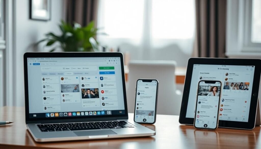 A neatly organized workspace with various social media scheduling tools prominently displayed. In the foreground, a laptop shows a web dashboard for managing multiple social media accounts, its screen illuminated by soft, directional lighting. In the middle ground, a smartphone and tablet showcase different scheduling interfaces, their screens reflecting the clean, minimalist design of the apps. The background features a blurred, yet elegant office setting, with a wooden desk, a potted plant, and a serene, calming atmosphere. The scene conveys a sense of productivity, efficiency, and the effortless management of social media content through the use of specialized third-party tools. A neatly organized workspace with various social media scheduling tools prominently displayed. In the foreground, a laptop shows a web dashboard for managing multiple social media accounts, its screen illuminated by soft, directional lighting. In the middle ground, a smartphone and tablet showcase different scheduling interfaces, their screens reflecting the clean, minimalist design of the apps. The background features a blurred, yet elegant office setting, with a wooden desk, a potted plant, and a serene, calming atmosphere. The scene conveys a sense of productivity, efficiency, and the effortless management of social media content through the use of specialized third-party tools.