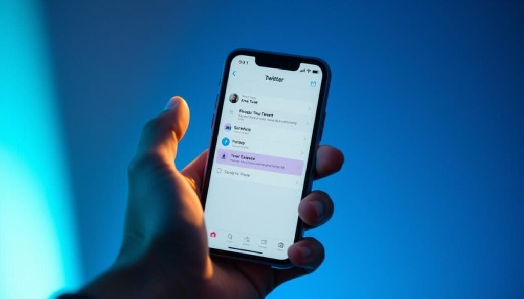 A person's hand holding an iPhone with the Twitter app open, displaying a scheduling interface. The iPhone is backlit, creating a soft, warm glow, and the user's fingers are poised over the screen, ready to schedule a tweet. The background is blurred, with a subtle gradient of blues and greens, creating a sense of focus on the task at hand. The composition is tight, drawing the viewer's attention to the details of the iPhone interface and the user's interactions. The lighting is carefully crafted to accentuate the sleek, modern design of the device, and the overall scene conveys a sense of productivity and efficiency. A person's hand holding an iPhone with the Twitter app open, displaying a scheduling interface. The iPhone is backlit, creating a soft, warm glow, and the user's fingers are poised over the screen, ready to schedule a tweet. The background is blurred, with a subtle gradient of blues and greens, creating a sense of focus on the task at hand. The composition is tight, drawing the viewer's attention to the details of the iPhone interface and the user's interactions. The lighting is carefully crafted to accentuate the sleek, modern design of the device, and the overall scene conveys a sense of productivity and efficiency.