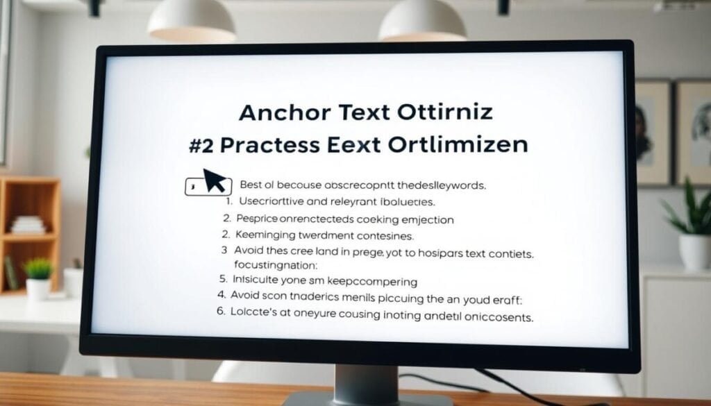 A photo-realistic image of a computer screen displaying a webpage with a section titled "Best Practices for Anchor Text Optimization". The foreground shows a cursor hovering over a hyperlinked word, highlighting it. The middle ground features a neatly organized list of 5-7 anchor text best practices, such as using descriptive and relevant keywords, keeping the text concise, and avoiding repetitive or generic phrasing. The background subtly depicts a modern office environment with minimalist decor, providing a clean and professional context. The lighting is soft and natural, emphasizing clarity and legibility. The entire scene conveys an informative, user-friendly, and visually appealing approach to anchor text optimization. A photo-realistic image of a computer screen displaying a webpage with a section titled "Best Practices for Anchor Text Optimization". The foreground shows a cursor hovering over a hyperlinked word, highlighting it. The middle ground features a neatly organized list of 5-7 anchor text best practices, such as using descriptive and relevant keywords, keeping the text concise, and avoiding repetitive or generic phrasing. The background subtly depicts a modern office environment with minimalist decor, providing a clean and professional context. The lighting is soft and natural, emphasizing clarity and legibility. The entire scene conveys an informative, user-friendly, and visually appealing approach to anchor text optimization.