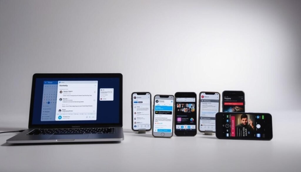 A photo studio scene showcasing various tweet scheduling tools. In the foreground, a laptop displays a tweet scheduling app interface, with a calendar, scheduling options, and a tweet composition window. In the middle ground, several smartphone devices arranged around the laptop, each showing different social media platforms and their scheduling features. The background features a minimalist studio setup with soft, directional lighting, creating a clean and professional atmosphere. The overall composition emphasizes the versatility and functionality of the tweet scheduling tools, reflecting the article's focus on the capabilities of free tweet schedulers. A photo studio scene showcasing various tweet scheduling tools. In the foreground, a laptop displays a tweet scheduling app interface, with a calendar, scheduling options, and a tweet composition window. In the middle ground, several smartphone devices arranged around the laptop, each showing different social media platforms and their scheduling features. The background features a minimalist studio setup with soft, directional lighting, creating a clean and professional atmosphere. The overall composition emphasizes the versatility and functionality of the tweet scheduling tools, reflecting the article's focus on the capabilities of free tweet schedulers.