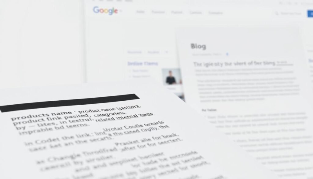 A photorealistic image showcasing various types of internal links on an ecommerce website. In the foreground, a product page displays a series of hyperlinked product names, categories, and related items. In the middle ground, a homepage features a navigation menu with clickable section titles. In the background, a blog post contains inline hyperlinks directing users to relevant pages. The scene is captured in a clean, minimalist style with soft, diffused lighting and subtle shadows to highlight the interactive elements. The overall composition conveys the importance of strategic internal linking for guiding users through an ecommerce site. A photorealistic image showcasing various types of internal links on an ecommerce website. In the foreground, a product page displays a series of hyperlinked product names, categories, and related items. In the middle ground, a homepage features a navigation menu with clickable section titles. In the background, a blog post contains inline hyperlinks directing users to relevant pages. The scene is captured in a clean, minimalist style with soft, diffused lighting and subtle shadows to highlight the interactive elements. The overall composition conveys the importance of strategic internal linking for guiding users through an ecommerce site.