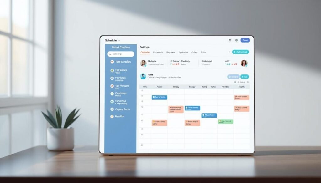 A pristine, hyper-realistic image of a comprehensive scheduling tool, featuring a sleek, minimalist user interface with intuitive navigation. The foreground showcases a clean calendar display with precise scheduling options, color-coded events, and seamless integration with various platforms. The middle ground highlights a range of customizable features, such as task management, team collaboration, and reporting dashboards. The background subtly blends a soft, neutral color palette with subtle geometric patterns, creating a sophisticated and visually appealing workspace. The overall atmosphere conveys a sense of efficiency, organization, and productivity, reflecting the limitations of Twitter's native scheduling capabilities.