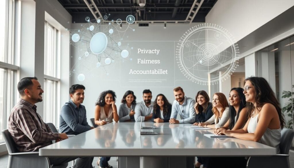 A serene office environment with floor-to-ceiling windows, natural lighting, and clean lines. In the foreground, a team of diverse professionals collaborating over a sleek conference table, their expressions thoughtful and engaged. Surrounding them, abstract visualizations and data models suspended in the air, conveying the complexity and transparency of their ethical AI development process. In the background, a holographic display showcases the principles of privacy, fairness, and accountability that guide their work. The overall atmosphere exudes a sense of trust, innovation, and a steadfast commitment to responsible technology. A serene office environment with floor-to-ceiling windows, natural lighting, and clean lines. In the foreground, a team of diverse professionals collaborating over a sleek conference table, their expressions thoughtful and engaged. Surrounding them, abstract visualizations and data models suspended in the air, conveying the complexity and transparency of their ethical AI development process. In the background, a holographic display showcases the principles of privacy, fairness, and accountability that guide their work. The overall atmosphere exudes a sense of trust, innovation, and a steadfast commitment to responsible technology.