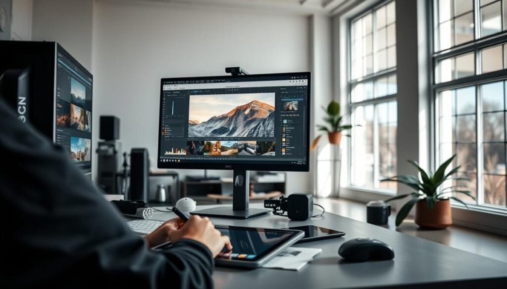 A serene, well-lit studio space where a digital artist diligently works on optimizing visual content for a WordPress website. The workspace is meticulously arranged, with a high-end desktop computer, a large, color-calibrated monitor, and various design tools and software. In the foreground, the artist's hands deftly manipulate image editing software, carefully adjusting color, contrast, and composition to create visually stunning visuals. The middle ground features a tablet and stylus, hinting at the seamless integration of digital painting and photo manipulation. The background showcases a minimalist, modern interior with large windows, allowing natural light to pour in and illuminate the scene, creating a sense of focus and productivity. A serene, well-lit studio space where a digital artist diligently works on optimizing visual content for a WordPress website. The workspace is meticulously arranged, with a high-end desktop computer, a large, color-calibrated monitor, and various design tools and software. In the foreground, the artist's hands deftly manipulate image editing software, carefully adjusting color, contrast, and composition to create visually stunning visuals. The middle ground features a tablet and stylus, hinting at the seamless integration of digital painting and photo manipulation. The background showcases a minimalist, modern interior with large windows, allowing natural light to pour in and illuminate the scene, creating a sense of focus and productivity.