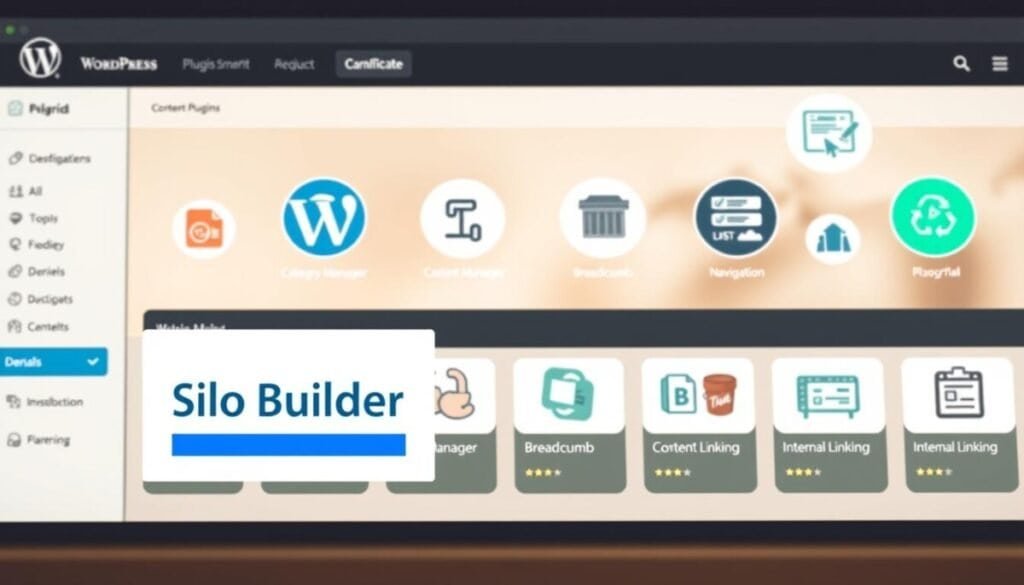 A sleek and modern WordPress dashboard filled with various plugin icons, each representing a different functionality for content siloing. The foreground features a prominent plugin titled "Silo Builder" with a clean and intuitive user interface. The middle ground showcases several other plugins, such as "Category Manager," "Breadcrumb Navigation," and "Internal Linking," all working in harmony to create a cohesive and structured content hierarchy. The background depicts a soft, blurred effect, emphasizing the plugins as the focal point. The lighting is warm and natural, creating a professional and polished atmosphere. The overall scene conveys the power and versatility of WordPress plugins in streamlining content siloing for enhanced SEO performance. A sleek and modern WordPress dashboard filled with various plugin icons, each representing a different functionality for content siloing. The foreground features a prominent plugin titled "Silo Builder" with a clean and intuitive user interface. The middle ground showcases several other plugins, such as "Category Manager," "Breadcrumb Navigation," and "Internal Linking," all working in harmony to create a cohesive and structured content hierarchy. The background depicts a soft, blurred effect, emphasizing the plugins as the focal point. The lighting is warm and natural, creating a professional and polished atmosphere. The overall scene conveys the power and versatility of WordPress plugins in streamlining content siloing for enhanced SEO performance.