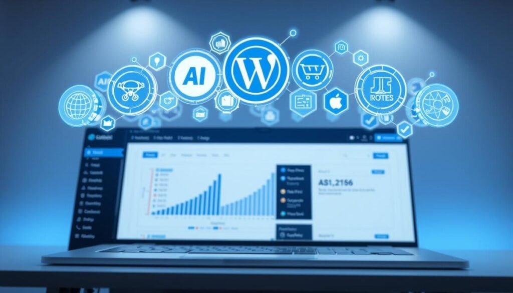 A sleek and modern WordPress website dashboard, showcasing a collection of AI plugin icons hovering above it. The plugins are rendered in high detail, with the latest technologies and features clearly visible. The dashboard has a clean, minimalist design, with subtle lighting and shadows creating depth and dimension. The overall atmosphere is one of innovation, efficiency, and seamless integration of AI capabilities into the WordPress platform. The image conveys the potential of leveraging AI tools to enhance the functionality and user experience of a WordPress site. A sleek and modern WordPress website dashboard, showcasing a collection of AI plugin icons hovering above it. The plugins are rendered in high detail, with the latest technologies and features clearly visible. The dashboard has a clean, minimalist design, with subtle lighting and shadows creating depth and dimension. The overall atmosphere is one of innovation, efficiency, and seamless integration of AI capabilities into the WordPress platform. The image conveys the potential of leveraging AI tools to enhance the functionality and user experience of a WordPress site.