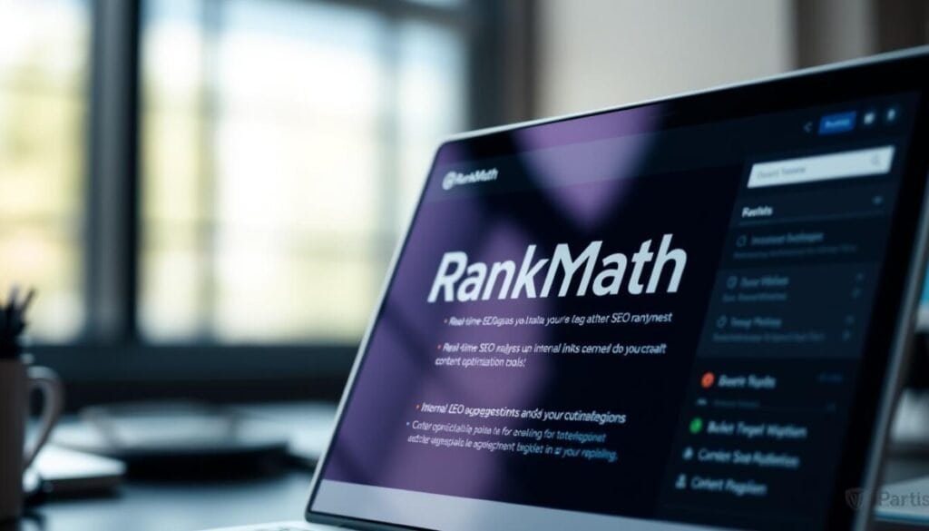 A sleek and modern image of the RankMath SEO plugin for WordPress. A close-up shot of the plugin's user interface, with a clean, minimalist design and intuitive navigation. Soft, directional lighting illuminates the screen, highlighting the plugin's key features like real-time SEO analysis, internal link suggestions, and content optimization tools. The background is blurred, keeping the focus on the plugin's interface. The overall mood is professional, efficient, and tailored for a high-performing SEO strategy. A sleek and modern image of the RankMath SEO plugin for WordPress. A close-up shot of the plugin's user interface, with a clean, minimalist design and intuitive navigation. Soft, directional lighting illuminates the screen, highlighting the plugin's key features like real-time SEO analysis, internal link suggestions, and content optimization tools. The background is blurred, keeping the focus on the plugin's interface. The overall mood is professional, efficient, and tailored for a high-performing SEO strategy.