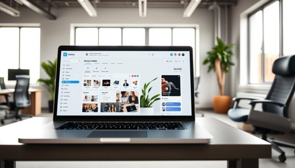A sleek and modern social media management dashboard in a well-lit, minimalist office setting. In the foreground, a laptop displays a clean, intuitive interface with customizable widgets, analytics, and scheduling tools. The middle ground features ergonomic office furnishings, with a potted plant adding a touch of nature. The background showcases large windows that flood the space with natural light, creating a serene and productive atmosphere. The overall tone is professional, efficient, and visually appealing, reflecting the key features of Marky.AI for effective social media management. A sleek and modern social media management dashboard in a well-lit, minimalist office setting. In the foreground, a laptop displays a clean, intuitive interface with customizable widgets, analytics, and scheduling tools. The middle ground features ergonomic office furnishings, with a potted plant adding a touch of nature. The background showcases large windows that flood the space with natural light, creating a serene and productive atmosphere. The overall tone is professional, efficient, and visually appealing, reflecting the key features of Marky.AI for effective social media management.