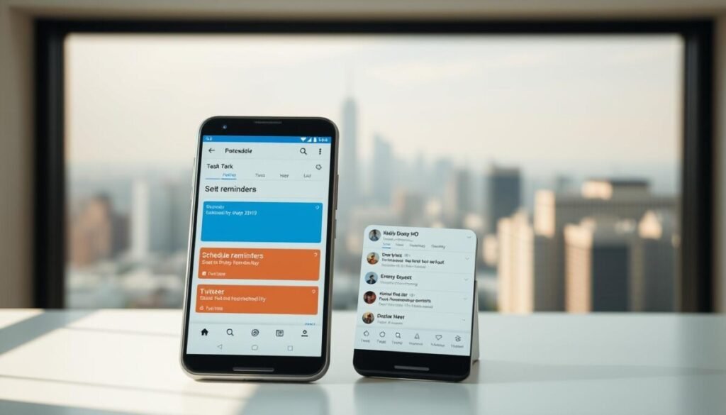 A sleek, minimalist Android scheduling app interface with a clean, modern design. The app's dashboard occupies the foreground, displaying a calendar, task list, and intuitive controls for setting reminders and scheduling tweets. The middle ground showcases the app's smooth animations and responsive UI, with subtle shadows and highlights accentuating the interface elements. The background features a soft, out-of-focus cityscape, conveying a sense of productivity and efficiency. The lighting is natural and diffused, creating a warm, inviting atmosphere. The overall mood is one of streamlined organization and digital simplicity, reflecting the app's ability to seamlessly manage tweet scheduling on Android devices. A sleek, minimalist Android scheduling app interface with a clean, modern design. The app's dashboard occupies the foreground, displaying a calendar, task list, and intuitive controls for setting reminders and scheduling tweets. The middle ground showcases the app's smooth animations and responsive UI, with subtle shadows and highlights accentuating the interface elements. The background features a soft, out-of-focus cityscape, conveying a sense of productivity and efficiency. The lighting is natural and diffused, creating a warm, inviting atmosphere. The overall mood is one of streamlined organization and digital simplicity, reflecting the app's ability to seamlessly manage tweet scheduling on Android devices.