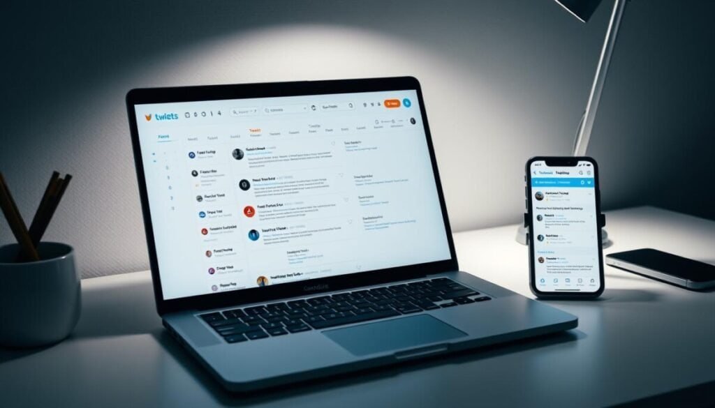A sleek, minimalist desk setup with a laptop, smartphone, and a digital calendar app prominently displayed. Soft, directional lighting illuminates the scene, casting subtle shadows that add depth and dimension. The laptop screen shows a well-organized schedule of tweets, with color-coded categories and intuitive controls. The smartphone's screen mirrors the laptop, showcasing the seamless syncing of the scheduling tool. The overall atmosphere is professional, efficient, and inviting, conveying the benefits of using a dedicated scheduling tool to manage social media content. A sleek, minimalist desk setup with a laptop, smartphone, and a digital calendar app prominently displayed. Soft, directional lighting illuminates the scene, casting subtle shadows that add depth and dimension. The laptop screen shows a well-organized schedule of tweets, with color-coded categories and intuitive controls. The smartphone's screen mirrors the laptop, showcasing the seamless syncing of the scheduling tool. The overall atmosphere is professional, efficient, and inviting, conveying the benefits of using a dedicated scheduling tool to manage social media content.