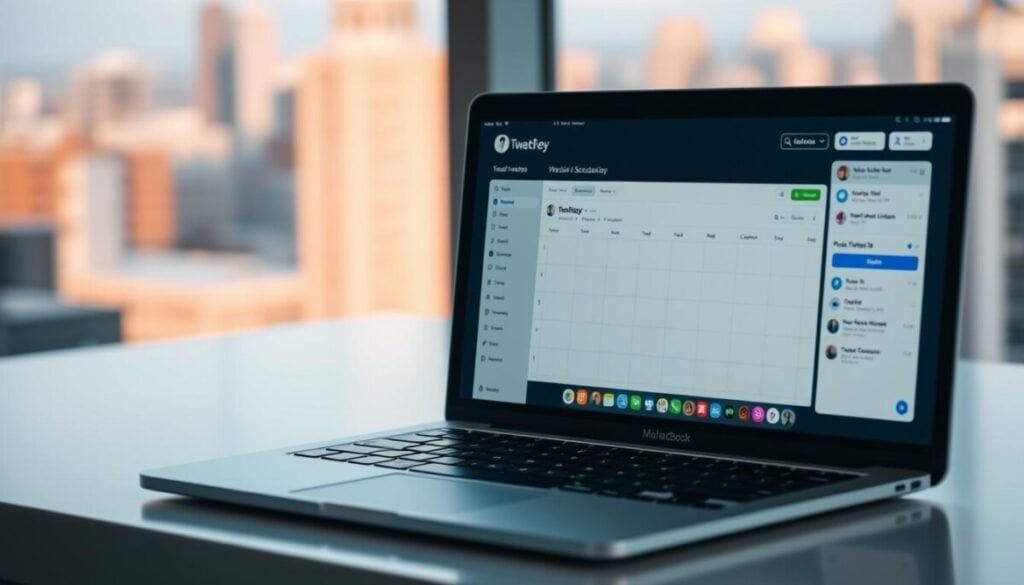 A sleek, minimalist social media scheduling tool interface, showcased on a modern MacBook Pro with a crisp Retina display. The desktop is neatly organized, with the scheduling app prominently displayed, its intuitive dashboard allowing for effortless tweet management. Soft, diffused lighting illuminates the scene, creating a soothing, professional atmosphere. The MacBook's aluminum chassis reflects the ambient light, adding a touch of sophistication. In the background, a blurred cityscape can be seen through the window, hinting at the tool's versatility and global reach. The overall composition conveys the benefits of using a powerful, user-friendly social media scheduling platform to streamline content management and boost online presence. A sleek, minimalist social media scheduling tool interface, showcased on a modern MacBook Pro with a crisp Retina display. The desktop is neatly organized, with the scheduling app prominently displayed, its intuitive dashboard allowing for effortless tweet management. Soft, diffused lighting illuminates the scene, creating a soothing, professional atmosphere. The MacBook's aluminum chassis reflects the ambient light, adding a touch of sophistication. In the background, a blurred cityscape can be seen through the window, hinting at the tool's versatility and global reach. The overall composition conveys the benefits of using a powerful, user-friendly social media scheduling platform to streamline content management and boost online presence.