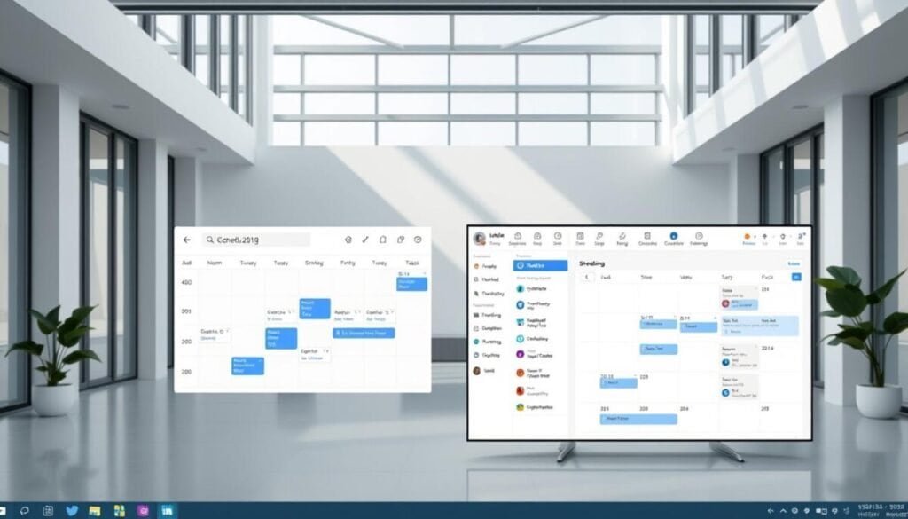 A sleek, modern desktop application with a clean and intuitive interface. The foreground features a central calendar display with drag-and-drop scheduling capabilities, accompanied by various scheduling options and settings. The middle ground showcases a dashboard with real-time analytics, task management tools, and social media integration. The background depicts a minimalist office setting with floor-to-ceiling windows, allowing natural light to flood the space and create a serene, productive atmosphere. The overall mood is one of efficiency, organization, and technological sophistication. A sleek, modern desktop application with a clean and intuitive interface. The foreground features a central calendar display with drag-and-drop scheduling capabilities, accompanied by various scheduling options and settings. The middle ground showcases a dashboard with real-time analytics, task management tools, and social media integration. The background depicts a minimalist office setting with floor-to-ceiling windows, allowing natural light to flood the space and create a serene, productive atmosphere. The overall mood is one of efficiency, organization, and technological sophistication.