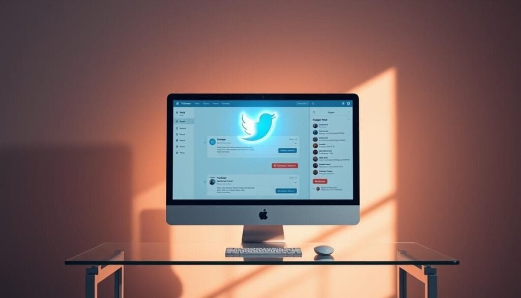 A sleek, modern desktop computer with a stylized, holographic Twitter icon prominently displayed on the screen. The computer is positioned on a minimalist, glass-topped desk against a neutral, grey background. Warm, directional lighting from the side casts dynamic shadows, creating depth and a sense of sophistication. The screen displays a user-friendly interface with intuitive controls for scheduling tweets, with options for selecting dates, times, and content. The overall composition conveys a professional, efficient, and technologically advanced solution for Twitter scheduling. A sleek, modern desktop computer with a stylized, holographic Twitter icon prominently displayed on the screen. The computer is positioned on a minimalist, glass-topped desk against a neutral, grey background. Warm, directional lighting from the side casts dynamic shadows, creating depth and a sense of sophistication. The screen displays a user-friendly interface with intuitive controls for scheduling tweets, with options for selecting dates, times, and content. The overall composition conveys a professional, efficient, and technologically advanced solution for Twitter scheduling.