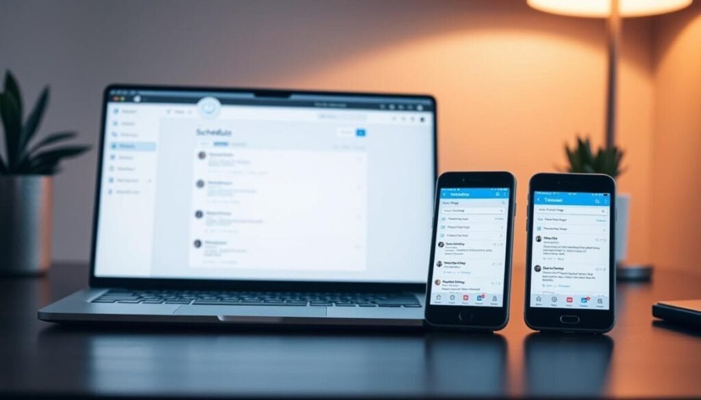 A sleek, modern desktop with a laptop and a smartphone, showcasing the native Twitter scheduling interface. The laptop screen displays a clean, minimalist scheduling panel, while the phone screen mirrors the same interface, highlighting the seamless cross-device experience. Diffused, warm lighting casts a soft glow, creating a professional, productive atmosphere. The scene is captured from a slightly elevated angle, emphasizing the thoughtful, well-designed layout of the tools. Subtle shadows and reflections add depth and realism, conveying the high-quality, hyper-realistic nature of the image.