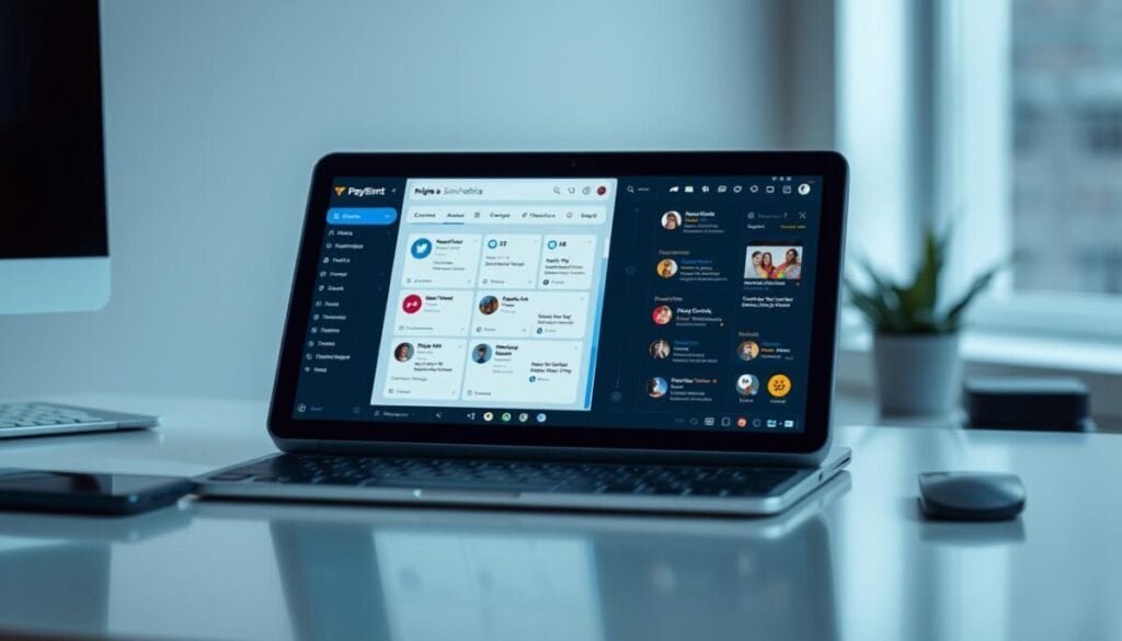 A sleek, modern media marketing tool sitting atop a minimalist desk, with a smooth, matte black casing that reflects the ambient lighting. The device features a large, high-resolution display showcasing intuitive social media scheduling controls, surrounded by a clean, uncluttered interface. The scene is captured in a high-quality, hyper-realistic photographic style, with a shallow depth of field that draws the viewer's attention to the device's key features. The lighting is soft and diffused, creating a professional, polished atmosphere that conveys the tool's efficiency and user-friendliness. A sleek, modern media marketing tool sitting atop a minimalist desk, with a smooth, matte black casing that reflects the ambient lighting. The device features a large, high-resolution display showcasing intuitive social media scheduling controls, surrounded by a clean, uncluttered interface. The scene is captured in a high-quality, hyper-realistic photographic style, with a shallow depth of field that draws the viewer's attention to the device's key features. The lighting is soft and diffused, creating a professional, polished atmosphere that conveys the tool's efficiency and user-friendliness.