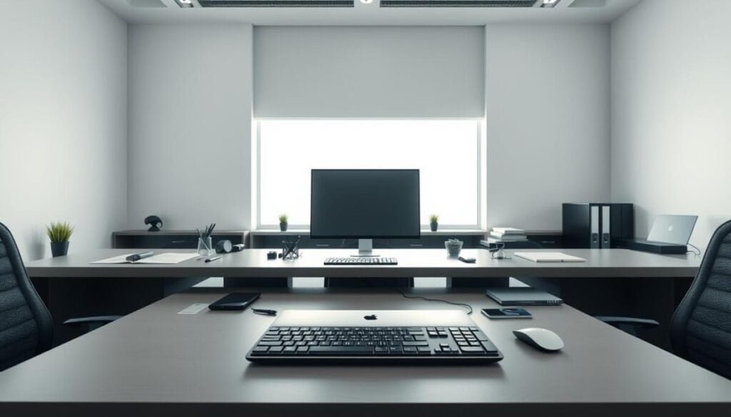 A sleek, modern office environment with a large desk, a computer monitor, and a clean, minimalist aesthetic. The desk is adorned with a neatly organized array of office supplies, including a keyboard, mouse, and a sleek, silver laptop. The background features clean, white walls, and a large window that lets in natural light, creating a bright and airy atmosphere. The lighting is soft and diffused, creating a sense of sophistication and professionalism. The camera is positioned at a slightly elevated angle, showcasing the desk and its contents in a visually appealing and informative manner. A sleek, modern office environment with a large desk, a computer monitor, and a clean, minimalist aesthetic. The desk is adorned with a neatly organized array of office supplies, including a keyboard, mouse, and a sleek, silver laptop. The background features clean, white walls, and a large window that lets in natural light, creating a bright and airy atmosphere. The lighting is soft and diffused, creating a sense of sophistication and professionalism. The camera is positioned at a slightly elevated angle, showcasing the desk and its contents in a visually appealing and informative manner.