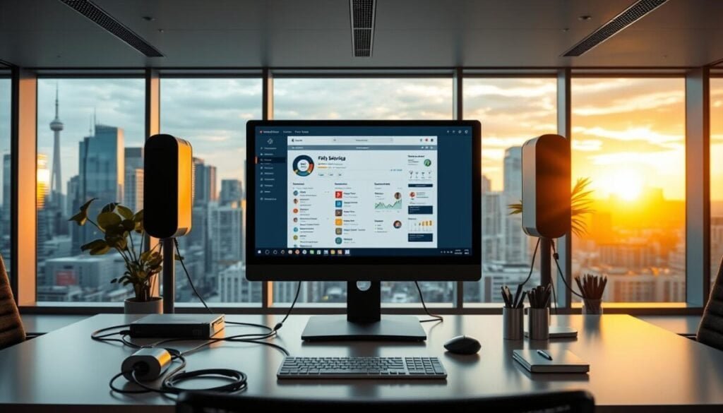 A sleek, modern office interior with a large, centrally-placed computer monitor displaying a user interface. The monitor is surrounded by neatly organized cables and office supplies, conveying a sense of streamlined functionality. The background features floor-to-ceiling windows overlooking a bustling city skyline, bathed in warm, golden light. The scene exudes a professional, yet inviting atmosphere, highlighting the importance of internal linking in enhancing the user experience for enterprise websites. The image should be captured with a high-resolution camera, using a shallow depth of field to focus the viewer's attention on the monitor and its contents. A sleek, modern office interior with a large, centrally-placed computer monitor displaying a user interface. The monitor is surrounded by neatly organized cables and office supplies, conveying a sense of streamlined functionality. The background features floor-to-ceiling windows overlooking a bustling city skyline, bathed in warm, golden light. The scene exudes a professional, yet inviting atmosphere, highlighting the importance of internal linking in enhancing the user experience for enterprise websites. The image should be captured with a high-resolution camera, using a shallow depth of field to focus the viewer's attention on the monitor and its contents.