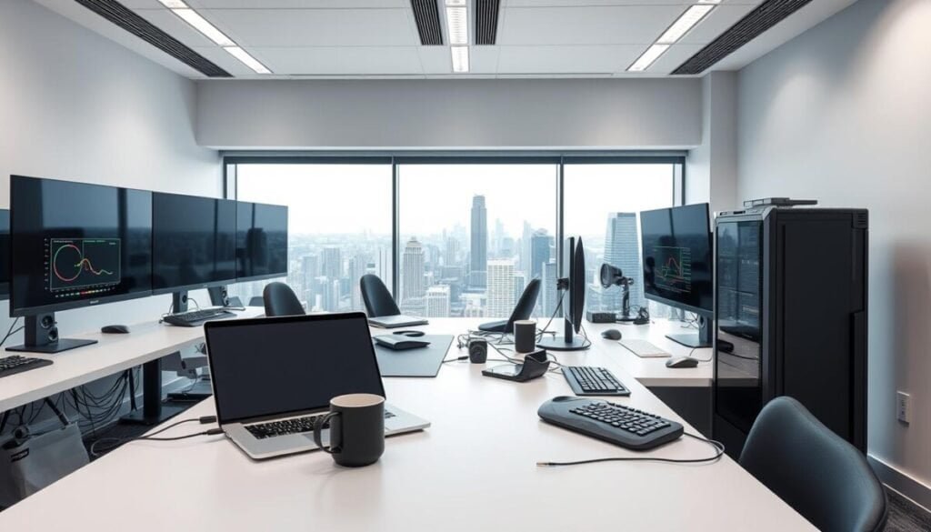 A sleek, modern office workspace with a large desk and an array of computer monitors, keyboards, and other tech accessories. The lighting is bright and even, creating a focused, professional atmosphere. In the foreground, a stylish laptop and coffee mug sit atop the desk, surrounded by neatly organized cables and a state-of-the-art GPU tower. In the background, a panoramic window offers a view of a bustling cityscape, hinting at the larger technological ecosystem in which this training environment is situated. The overall scene conveys a sense of cutting-edge innovation and the careful preparation required to build a powerful AI training setup. A sleek, modern office workspace with a large desk and an array of computer monitors, keyboards, and other tech accessories. The lighting is bright and even, creating a focused, professional atmosphere. In the foreground, a stylish laptop and coffee mug sit atop the desk, surrounded by neatly organized cables and a state-of-the-art GPU tower. In the background, a panoramic window offers a view of a bustling cityscape, hinting at the larger technological ecosystem in which this training environment is situated. The overall scene conveys a sense of cutting-edge innovation and the careful preparation required to build a powerful AI training setup.