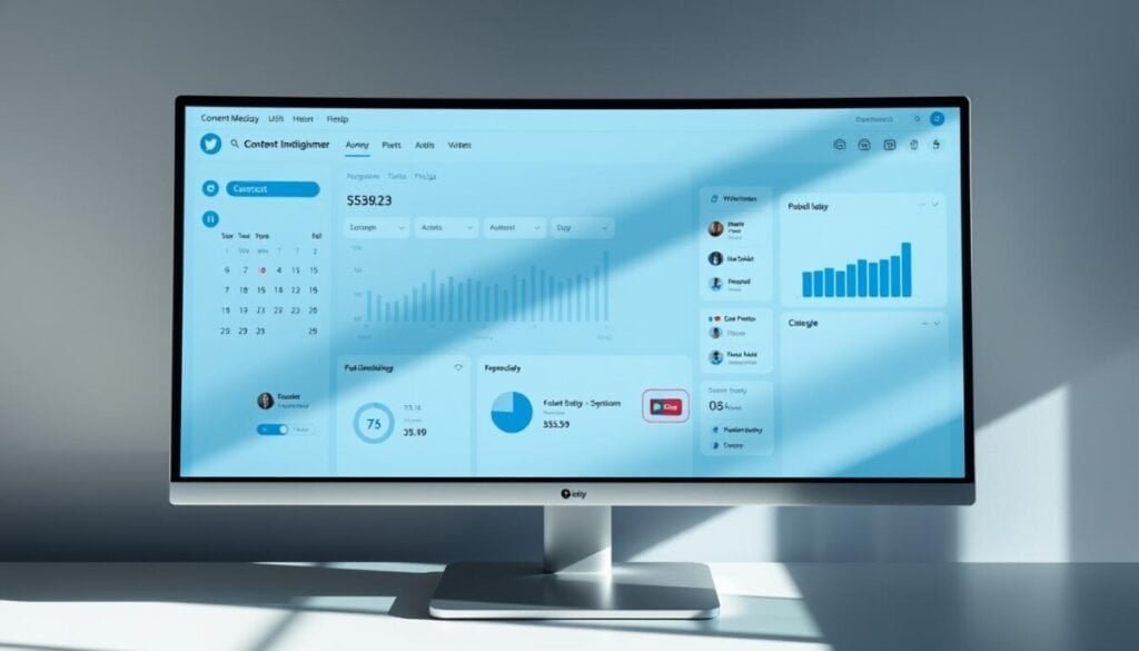 A sleek, modern social media management dashboard displayed on a high-resolution monitor. The interface showcases a variety of customizable widgets, including a content calendar, analytics charts, and intuitive publishing controls. The layout is clean and minimalist, with a cool color palette of blues and grays that convey a sense of professionalism and efficiency. The desktop is bathed in soft, directional lighting, casting subtle shadows and highlights that add depth and dimensionality to the scene. The entire setup is captured from a slightly elevated, three-quarter angle, providing a clear, unobstructed view of the tool's key features and functionality. A sleek, modern social media management dashboard displayed on a high-resolution monitor. The interface showcases a variety of customizable widgets, including a content calendar, analytics charts, and intuitive publishing controls. The layout is clean and minimalist, with a cool color palette of blues and grays that convey a sense of professionalism and efficiency. The desktop is bathed in soft, directional lighting, casting subtle shadows and highlights that add depth and dimensionality to the scene. The entire setup is captured from a slightly elevated, three-quarter angle, providing a clear, unobstructed view of the tool's key features and functionality.
