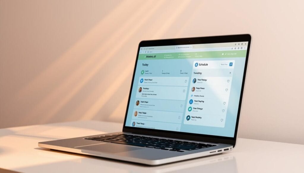 A sleek, professional laptop screen displays the MyMarky.ai scheduling interface, its modern design and intuitive controls guiding the user through the process of crafting and scheduling their Twitter posts. Rays of warm, diffused lighting emanate from the screen, casting a soft glow on the minimalist workspace around it. The laptop is positioned on a clean, uncluttered desk, allowing the interface to be the focal point. The overall scene conveys a sense of efficiency, productivity, and technological sophistication - the perfect tools for a seamless social media management experience. A sleek, professional laptop screen displays the MyMarky.ai scheduling interface, its modern design and intuitive controls guiding the user through the process of crafting and scheduling their Twitter posts. Rays of warm, diffused lighting emanate from the screen, casting a soft glow on the minimalist workspace around it. The laptop is positioned on a clean, uncluttered desk, allowing the interface to be the focal point. The overall scene conveys a sense of efficiency, productivity, and technological sophistication - the perfect tools for a seamless social media management experience.