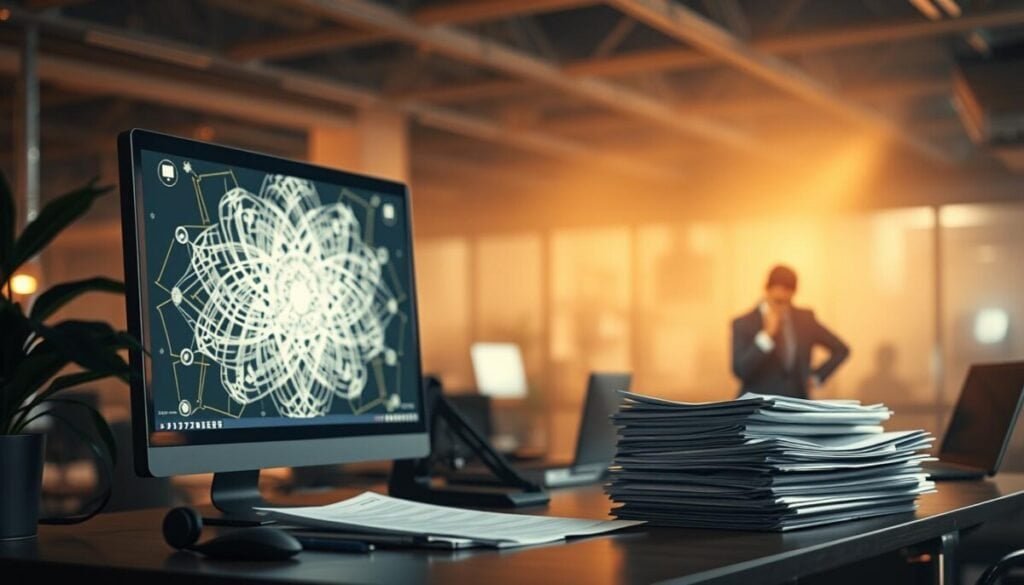 A sprawling, hyper-realistic desktop landscape, illuminated by warm, directional lighting. In the foreground, a computer monitor displays intricate, abstract patterns representing the complex algorithms of AI content generation. On the desk, a stack of legal documents and a thoughtful, pensive business person examines the implications of intellectual property in this emerging digital realm. The background blurs into a hazy, technology-infused office environment, hinting at the broader societal impact of these evolving creative tools. A sprawling, hyper-realistic desktop landscape, illuminated by warm, directional lighting. In the foreground, a computer monitor displays intricate, abstract patterns representing the complex algorithms of AI content generation. On the desk, a stack of legal documents and a thoughtful, pensive business person examines the implications of intellectual property in this emerging digital realm. The background blurs into a hazy, technology-infused office environment, hinting at the broader societal impact of these evolving creative tools.