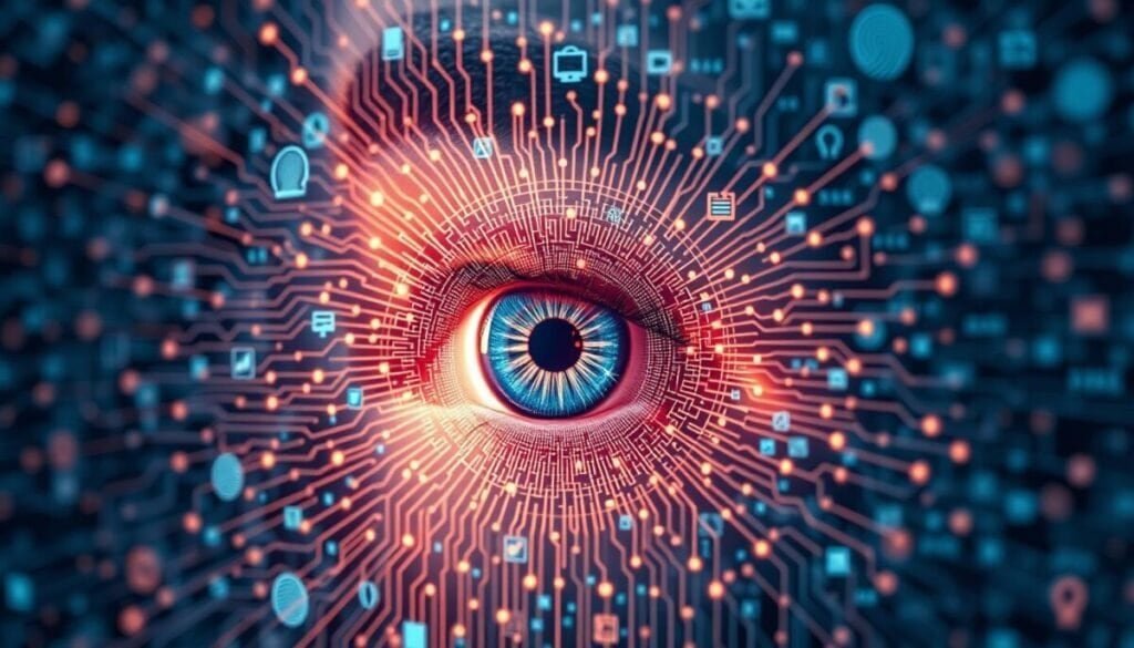 A sprawling matrix of interconnected biometric data streams, pulsing with the rhythmic flow of sensitive personal information. In the foreground, an iris scanner captures the intricate patterns of the eye, its lens casting a soft, warm glow. Surrounding it, a network of fingerprint sensors, voice recognition modules, and facial mapping cameras weave a tapestry of identity verification, creating a hyper-realistic, high-resolution image that reflects the complex privacy concerns inherent in AI-driven linking systems.
