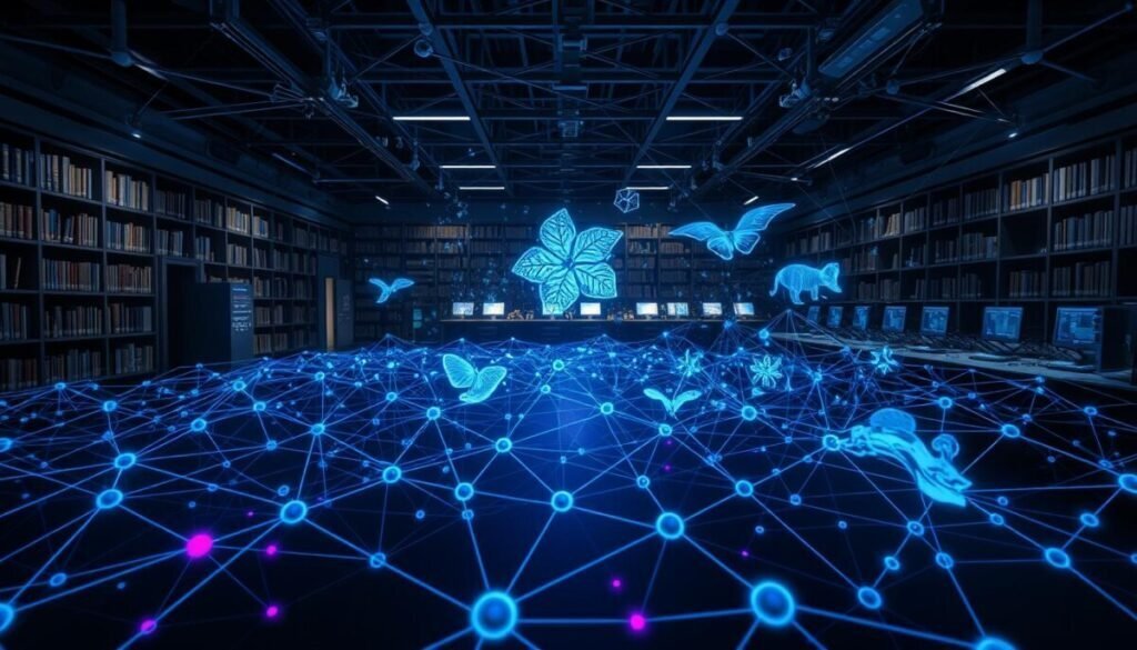 A sprawling taxonomy visualization, rendered in hyper-realistic photographic detail. In the foreground, a three-dimensional lattice of interconnected nodes and edges in shades of blue and purple, representing the complex relationships between taxonomic categories. The middle ground features holographic projections of iconic flora and fauna, their forms translucent and ethereal. In the background, a vast, dimly lit laboratory space with towering shelves of reference materials and glowing computer monitors, conveying the rigorous scientific underpinnings of advanced taxonomy techniques. Dramatic lighting casts dramatic shadows, imbuing the scene with a sense of depth and gravitas befitting the subject matter. A sprawling taxonomy visualization, rendered in hyper-realistic photographic detail. In the foreground, a three-dimensional lattice of interconnected nodes and edges in shades of blue and purple, representing the complex relationships between taxonomic categories. The middle ground features holographic projections of iconic flora and fauna, their forms translucent and ethereal. In the background, a vast, dimly lit laboratory space with towering shelves of reference materials and glowing computer monitors, conveying the rigorous scientific underpinnings of advanced taxonomy techniques. Dramatic lighting casts dramatic shadows, imbuing the scene with a sense of depth and gravitas befitting the subject matter.