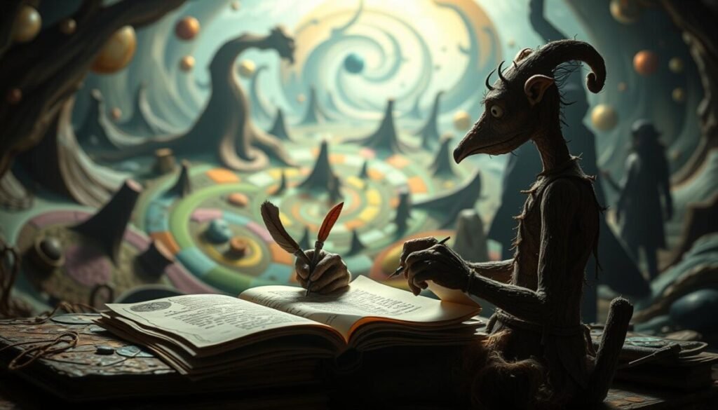 A surreal, imaginative scene depicting the complexity of storytelling and satire. In the foreground, a whimsical, anthropomorphic figure with a quill pen and parchment, weaving a narrative with bold, expressive brushstrokes. In the middle ground, a swirling, kaleidoscopic landscape of abstract shapes and vibrant colors, hinting at the multi-layered nature of satire. In the distant background, a shadowy, enigmatic figure observes the scene, suggesting the deeper, more obscure elements of storytelling. The lighting is dramatic, with chiaroscuro effects casting an air of mystery and intrigue. The overall composition is balanced and harmonious, yet imbued with a sense of creative tension, reflecting the complexities inherent in these artistic pursuits. A surreal, imaginative scene depicting the complexity of storytelling and satire. In the foreground, a whimsical, anthropomorphic figure with a quill pen and parchment, weaving a narrative with bold, expressive brushstrokes. In the middle ground, a swirling, kaleidoscopic landscape of abstract shapes and vibrant colors, hinting at the multi-layered nature of satire. In the distant background, a shadowy, enigmatic figure observes the scene, suggesting the deeper, more obscure elements of storytelling. The lighting is dramatic, with chiaroscuro effects casting an air of mystery and intrigue. The overall composition is balanced and harmonious, yet imbued with a sense of creative tension, reflecting the complexities inherent in these artistic pursuits.