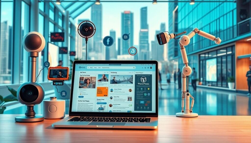 A vibrant and hyper-realistic scene showcasing various AI tools for WordPress. In the foreground, a sleek laptop displaying a WordPress dashboard with AI-powered widgets and plugins. Surrounding it, an array of cutting-edge AI-enabled devices like a voice assistant, a smart camera, and a robotic arm, all seamlessly integrated with the WordPress platform. The middle ground features a futuristic office space with minimalist decor, ample natural lighting, and a team of developers collaborating on AI-driven WordPress projects. In the background, a cityscape of modern skyscrapers and bustling streets, hinting at the wide-ranging applications of AI-powered WordPress tools in the digital landscape. A vibrant and hyper-realistic scene showcasing various AI tools for WordPress. In the foreground, a sleek laptop displaying a WordPress dashboard with AI-powered widgets and plugins. Surrounding it, an array of cutting-edge AI-enabled devices like a voice assistant, a smart camera, and a robotic arm, all seamlessly integrated with the WordPress platform. The middle ground features a futuristic office space with minimalist decor, ample natural lighting, and a team of developers collaborating on AI-driven WordPress projects. In the background, a cityscape of modern skyscrapers and bustling streets, hinting at the wide-ranging applications of AI-powered WordPress tools in the digital landscape.