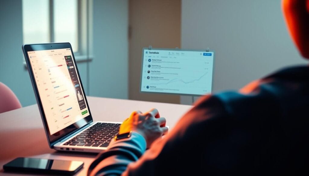 A vibrant, hyper-realistic image of a person scheduling tweets on a laptop, with a smartphone and a cup of coffee on the desk. The laptop screen displays a social media management dashboard, with various scheduling options and analytics. The person is intently focused, their face illuminated by the soft, warm glow of the screen. The background is a minimalist, modern office space, with clean lines and a hint of natural light filtering in through a window. The overall mood is one of productivity and engagement, capturing the essence of the section title "How to Schedule Tweets for Maximum Engagement".