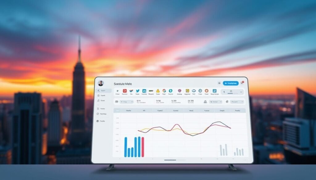 A visually striking, hyper-realistic image of a social media scheduling tool. Prominently featured in the foreground, a sleek, minimalist dashboard with intuitive controls and a clean interface. Meticulously crafted icons, buttons, and graphs convey the tool's functionality. The middle ground showcases a variety of social media platforms, their logos and UI elements, seamlessly integrated into the scheduling interface. In the background, a soft, blurred cityscape with skyscrapers and a vibrant sunset sky, creating a sense of modernity and professionalism. Subtle, warm lighting casts a gentle glow over the entire scene, enhancing the premium and high-tech atmosphere. The overall composition is balanced, drawing the viewer's attention to the central scheduling tool and its intuitive user experience. A visually striking, hyper-realistic image of a social media scheduling tool. Prominently featured in the foreground, a sleek, minimalist dashboard with intuitive controls and a clean interface. Meticulously crafted icons, buttons, and graphs convey the tool's functionality. The middle ground showcases a variety of social media platforms, their logos and UI elements, seamlessly integrated into the scheduling interface. In the background, a soft, blurred cityscape with skyscrapers and a vibrant sunset sky, creating a sense of modernity and professionalism. Subtle, warm lighting casts a gentle glow over the entire scene, enhancing the premium and high-tech atmosphere. The overall composition is balanced, drawing the viewer's attention to the central scheduling tool and its intuitive user experience.