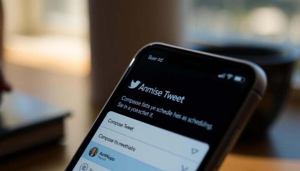 A well-lit, close-up shot of a mobile device's screen, displaying the Twitter app's "Compose Tweet" interface. The screen is slightly angled, showcasing the intuitive UI with a clean, minimalist design. The background is blurred, creating a sense of depth and focus on the app's functionality. The lighting is natural and soft, casting subtle shadows that add depth and dimension to the scene. The overall atmosphere is one of efficiency and simplicity, reflecting the ease of use of the Twitter mobile app's scheduling feature. A well-lit, close-up shot of a mobile device's screen, displaying the Twitter app's "Compose Tweet" interface. The screen is slightly angled, showcasing the intuitive UI with a clean, minimalist design. The background is blurred, creating a sense of depth and focus on the app's functionality. The lighting is natural and soft, casting subtle shadows that add depth and dimension to the scene. The overall atmosphere is one of efficiency and simplicity, reflecting the ease of use of the Twitter mobile app's scheduling feature.