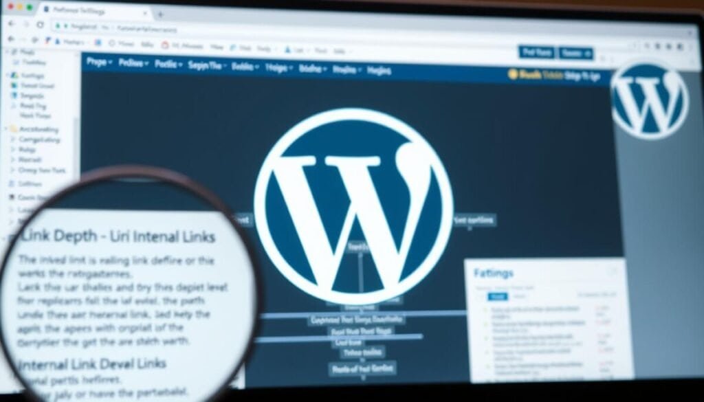 A well-lit, high-resolution photograph of a WordPress website's interface, showcasing an organized sitemap with clearly defined link depth levels. The foreground features a magnified view of a webpage, highlighting the structure and hierarchy of internal links. The middle ground displays an expansive site architecture, with level-by-level navigation pathways. The background subtly depicts the WordPress logo, symbolizing the platform's role in optimizing link depth for improved crawlability. The overall scene conveys a sense of technical expertise and attention to detail, guiding the viewer's understanding of the importance of link depth in WordPress websites.