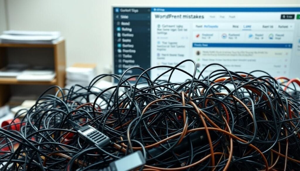 A well-lit, high-resolution photograph showcasing a series of common mistakes in silo content organization for WordPress websites. In the foreground, a disorganized, tangled web of internal links and categories representing poor information architecture. In the middle ground, content silos with overlapping topics and unclear hierarchies, leading to user confusion. In the background, a cluttered dashboard with an excess of plugins and settings, indicating an overly complex silo management system. The overall scene conveys a sense of disarray and the need for a more streamlined, strategic approach to content siloing for optimal SEO performance. A well-lit, high-resolution photograph showcasing a series of common mistakes in silo content organization for WordPress websites. In the foreground, a disorganized, tangled web of internal links and categories representing poor information architecture. In the middle ground, content silos with overlapping topics and unclear hierarchies, leading to user confusion. In the background, a cluttered dashboard with an excess of plugins and settings, indicating an overly complex silo management system. The overall scene conveys a sense of disarray and the need for a more streamlined, strategic approach to content siloing for optimal SEO performance.