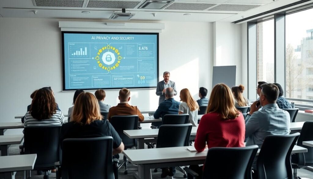 A well-lit, hyper-realistic classroom setting, with a large projection screen displaying detailed infographics on AI privacy and security. In the foreground, a group of attentive students and stakeholders lean forward, engaged in a discussion led by a knowledgeable instructor. The middle ground features sleek, modern desks and ergonomic chairs, creating a professional yet inviting atmosphere. In the background, large windows allow natural light to flood the room, giving a sense of openness and transparency. The overall mood conveys a sense of education, collaboration, and a shared commitment to understanding the importance of AI privacy. A well-lit, hyper-realistic classroom setting, with a large projection screen displaying detailed infographics on AI privacy and security. In the foreground, a group of attentive students and stakeholders lean forward, engaged in a discussion led by a knowledgeable instructor. The middle ground features sleek, modern desks and ergonomic chairs, creating a professional yet inviting atmosphere. In the background, large windows allow natural light to flood the room, giving a sense of openness and transparency. The overall mood conveys a sense of education, collaboration, and a shared commitment to understanding the importance of AI privacy.