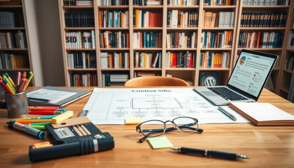 A well-lit workspace with an assortment of tools for content siloing neatly arranged on a clean wooden table. In the foreground, various office supplies like highlighters, sticky notes, and a laptop with a spreadsheet open. In the middle ground, a detailed diagram showcasing the structure of a content silo, along with a pair of eyeglasses and a pen. The background features bookshelves filled with relevant SEO and WordPress resource materials, casting a warm, focused glow across the scene. The overall atmosphere is one of productivity, organization, and a dedicated approach to optimizing content for search engines. A well-lit workspace with an assortment of tools for content siloing neatly arranged on a clean wooden table. In the foreground, various office supplies like highlighters, sticky notes, and a laptop with a spreadsheet open. In the middle ground, a detailed diagram showcasing the structure of a content silo, along with a pair of eyeglasses and a pen. The background features bookshelves filled with relevant SEO and WordPress resource materials, casting a warm, focused glow across the scene. The overall atmosphere is one of productivity, organization, and a dedicated approach to optimizing content for search engines.