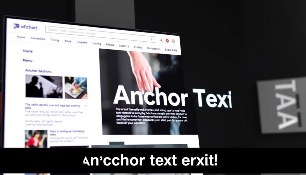 An anchor text optimization scene: a well-designed webpage with a prominent focal point, a neatly organized navigation menu, and a visually striking hero section. The webpage layout is clean and modern, with a monochromatic color scheme accentuated by carefully placed pops of vibrant hues. The anchor text is prominently displayed, its font and size optimized for maximum visibility and user engagement. The overall scene conveys a sense of balance, functionality, and attention to detail - key elements of effective anchor text optimization for improved internal linking and user experience. An anchor text optimization scene: a well-designed webpage with a prominent focal point, a neatly organized navigation menu, and a visually striking hero section. The webpage layout is clean and modern, with a monochromatic color scheme accentuated by carefully placed pops of vibrant hues. The anchor text is prominently displayed, its font and size optimized for maximum visibility and user engagement. The overall scene conveys a sense of balance, functionality, and attention to detail - key elements of effective anchor text optimization for improved internal linking and user experience.