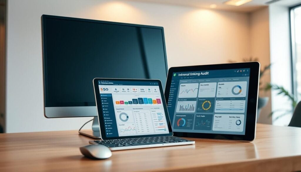 An elegant and minimalist desktop workspace with a sleek monitor, keyboard, and mouse arranged neatly. In the foreground, a tablet displaying a comprehensive internal linking audit dashboard, featuring intuitive charts, graphs, and visualizations. The middle ground showcases various SEO optimization tools, such as keyword research, site crawler, and backlink analyzer. The background depicts a serene, modern office setting with warm, indirect lighting, creating a professional and productive atmosphere. An elegant and minimalist desktop workspace with a sleek monitor, keyboard, and mouse arranged neatly. In the foreground, a tablet displaying a comprehensive internal linking audit dashboard, featuring intuitive charts, graphs, and visualizations. The middle ground showcases various SEO optimization tools, such as keyword research, site crawler, and backlink analyzer. The background depicts a serene, modern office setting with warm, indirect lighting, creating a professional and productive atmosphere.